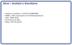 ALCAR / Acetylo-L-Karnityna – Czystość ≥ 99% masa netto 1000mg., CAS 3040-38-8 — etykieta produktu chemicznego
