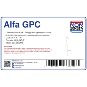 Alpha GPC — laboratory reagent 1000 mg, purity ≥ 99%, CAS 28319-77-9 — etykieta produktu chemicznego