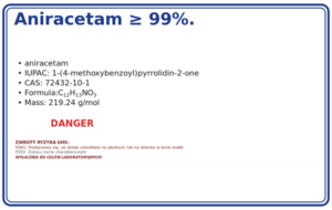 Aniracetam ≥ 99%. Czysta substancja chemiczna bez wypełniaczy 1000mg., CAS 72432-10-1 — etykieta produktu chemicznego