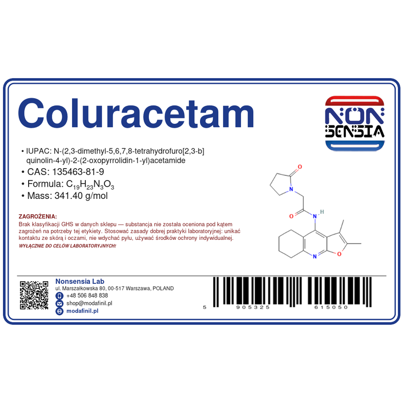 Coluracetam — odczynnik chemiczny 1000 mg, czystość ≥ 99%, CAS 135463-81-9 — etykieta produktu chemicznego