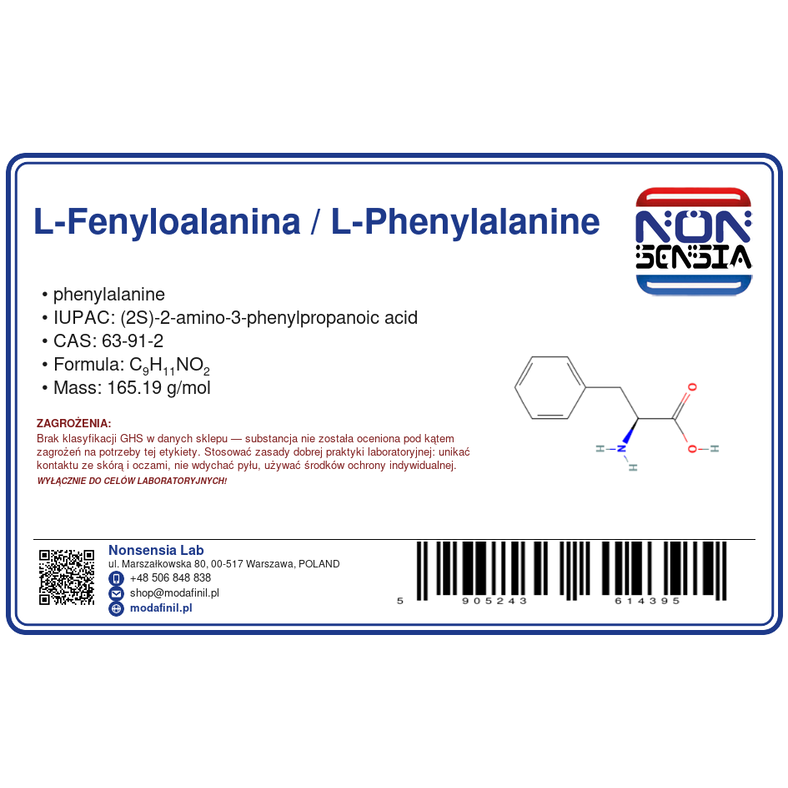 L-Fenyloalanina / L-Phenylalanine — odczynnik chemiczny 1000 mg, czystość ≥ 99%, CAS 63-91-2 — etykieta produktu chemicznego