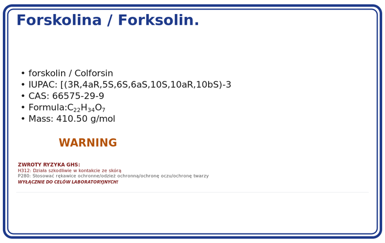 Forskolina / Forksolin. Czystość ≥99% 1000mg., CAS 66575-29-9 — etykieta produktu chemicznego
