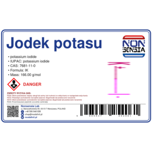 Jodek potasu (KI) / Potassium Iodide (CAS 7681-11-0) — odczynnik chemiczny 1000 mg, czystość ≥ 99,0%, CAS 7681-11-0 — etykieta produktu chemicznego