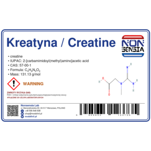 Kreatyna / Creatine (CAS 57-00-1) — odczynnik chemiczny 100 g, czystość ≥ 99,9%, CAS 57-00-1 — etykieta produktu chemicznego