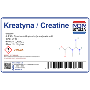 Kreatyna / Creatine (CAS 57-00-1) — odczynnik chemiczny 100 g, czystość ≥ 99,9%, CAS 57-00-1 — etykieta produktu chemicznego