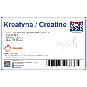 Kreatyna / Creatine — odczynnik chemiczny 100 g, czystość ≥ 99,9%, CAS 57-00-1 — etykieta produktu chemicznego