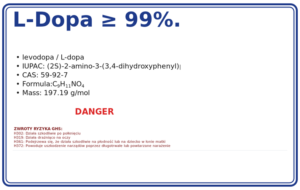 L-DOPA ≥ 99%. Czysta substancja chemiczna bez wypełniaczy!, CAS 59-92-7 — etykieta produktu chemicznego