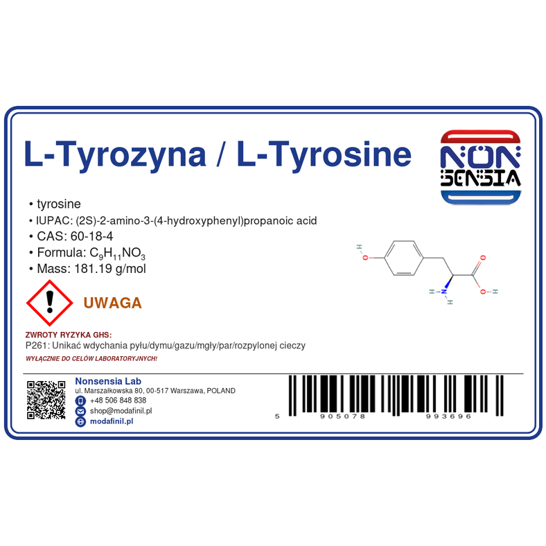 L-Tyrozyna / L-Tyrosine — odczynnik chemiczny 1000 mg, czystość ≥ 99%, CAS 60-18-4 — etykieta produktu chemicznego