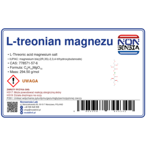 L-treonian magnezu / Magnesium L-threonate — odczynnik chemiczny 1000 mg, czystość ≥ 99,50%, CAS 778571-57-6 — etykieta produktu chemicznego
