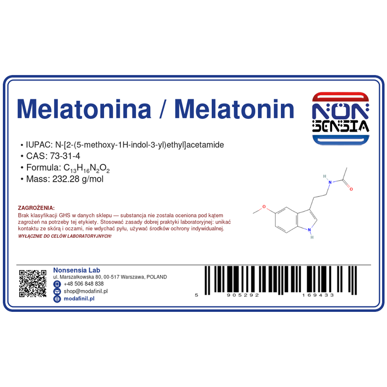 Melatonina / Melatonin — odczynnik chemiczny 1000 mg, czystość ≥ 98%, CAS 73-31-4 — etykieta produktu chemicznego