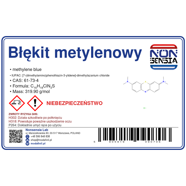 Methylene Blue — laboratory reagent 1000 mg, purity ≥ 99.50%, CAS 61-73-4 — etykieta produktu chemicznego