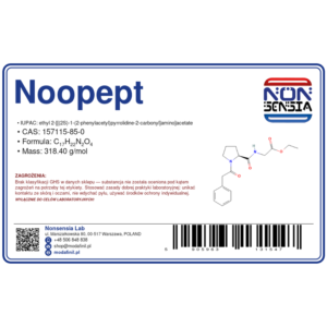 Noopept — laboratory reagent 1000 mg, purity ≥ 99%, CAS 157115-85-0 — etykieta produktu chemicznego