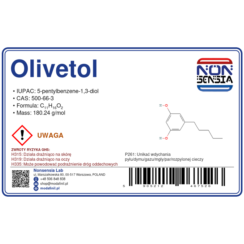 Olivetol — odczynnik chemiczny 1000 mg, czystość ≥ 99,00%, CAS 500-66-3 — etykieta produktu chemicznego