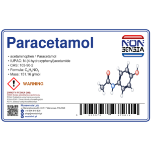 Paracetamol (CAS 103-90-2) — odczynnik chemiczny 1000 mg, czystość ≥ 99,0%, CAS 103-90-2 — etykieta produktu chemicznego