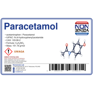Paracetamol (CAS 103-90-2) — odczynnik chemiczny 1000 mg, czystość ≥ 99,0%, CAS 103-90-2 — etykieta produktu chemicznego