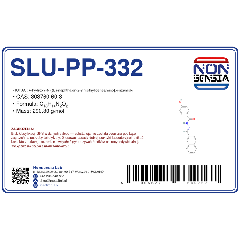 SLU-PP-332 — Research Solution 18 mg/18 ml in DMSO (1 mg/ml), Purity > 98%, CAS 303760-60-3 — etykieta produktu chemicznego