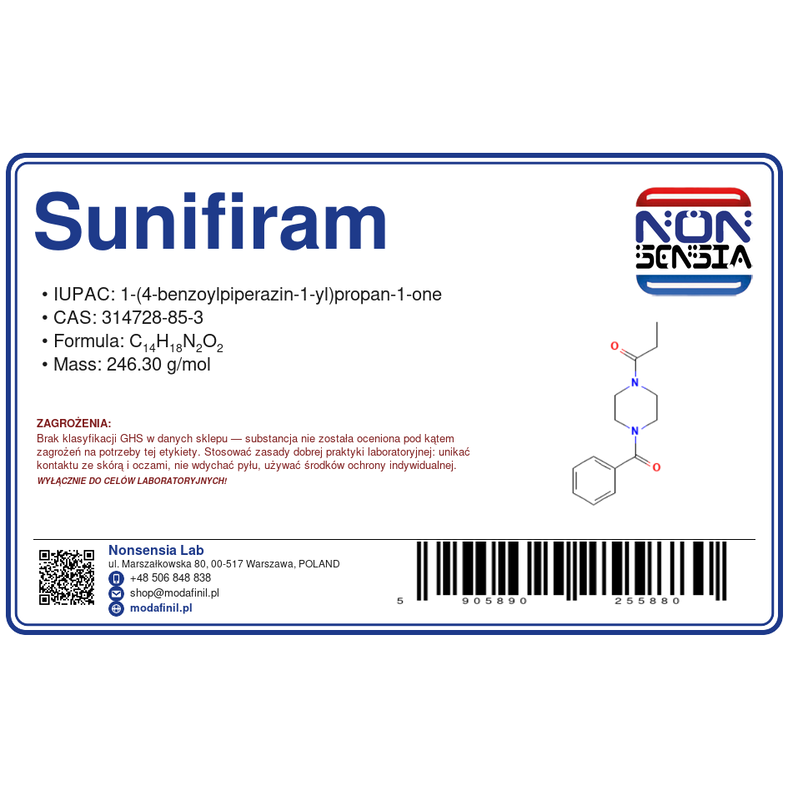 Sunifiram — laboratory reagent 1000 mg, purity ≥ 99%, CAS 314728-85-3 — etykieta produktu chemicznego