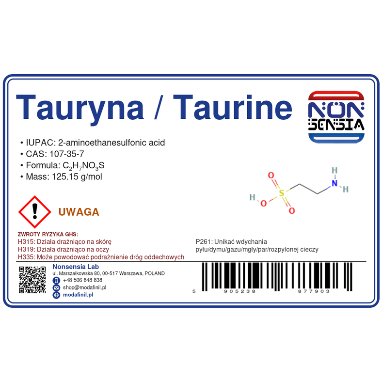 Tauryna / Taurine — odczynnik chemiczny 1000 mg, czystość ≥ 99,0%, CAS 107-35-7 — etykieta produktu chemicznego