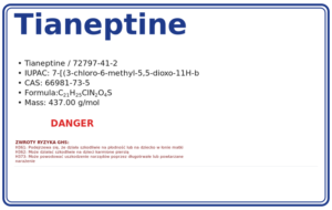 Tianeptine – 1000mg / Tianeptine Acid. Nonsensia Lab, CAS 66981-73-5 — etykieta produktu chemicznego