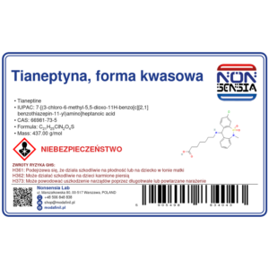 Tianeptyna, forma kwasowa / Tianeptine Acid — odczynnik chemiczny 1000 mg, czystość ≥ 99,41%, CAS 66981-73-5 — etykieta produktu chemicznego