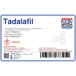 Tadalafil — laboratory reagent 1000 mg, purity ≥ 99%, CAS 171596-29-5 — etykieta produktu chemicznego
