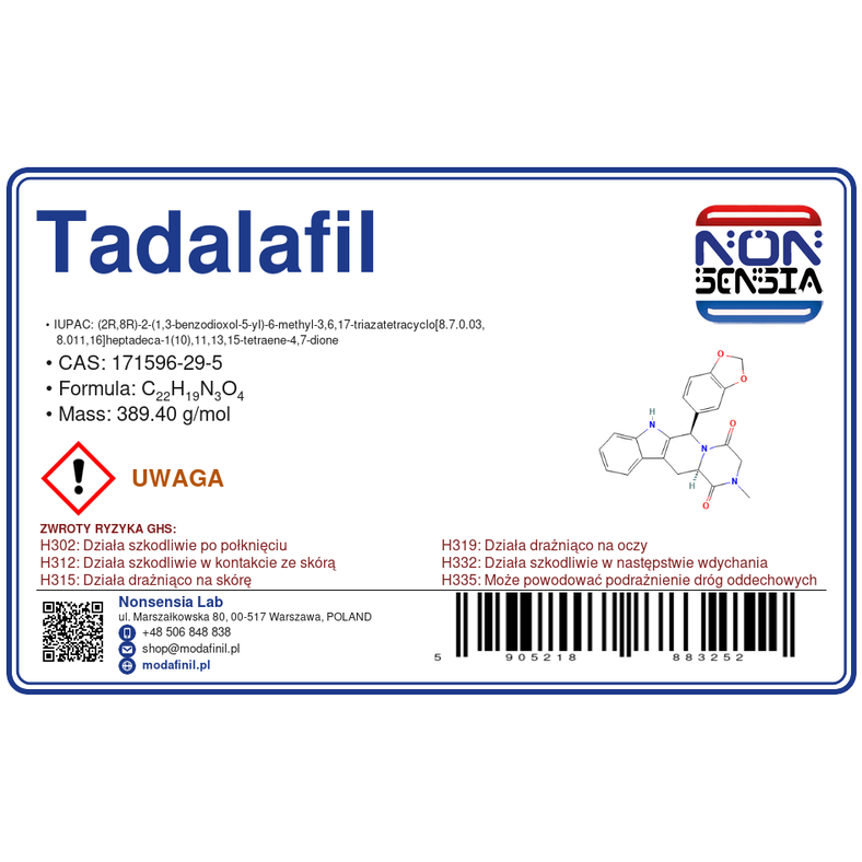 Tadalafil — laboratory reagent 1000 mg, purity ≥ 99%, CAS 171596-29-5 — etykieta produktu chemicznego