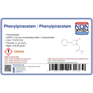 Phenylpiracetam / Phenylpiracetam, Purity ≥ 99%, 1000mg, CAS 77472-70-9 — etykieta produktu chemicznego